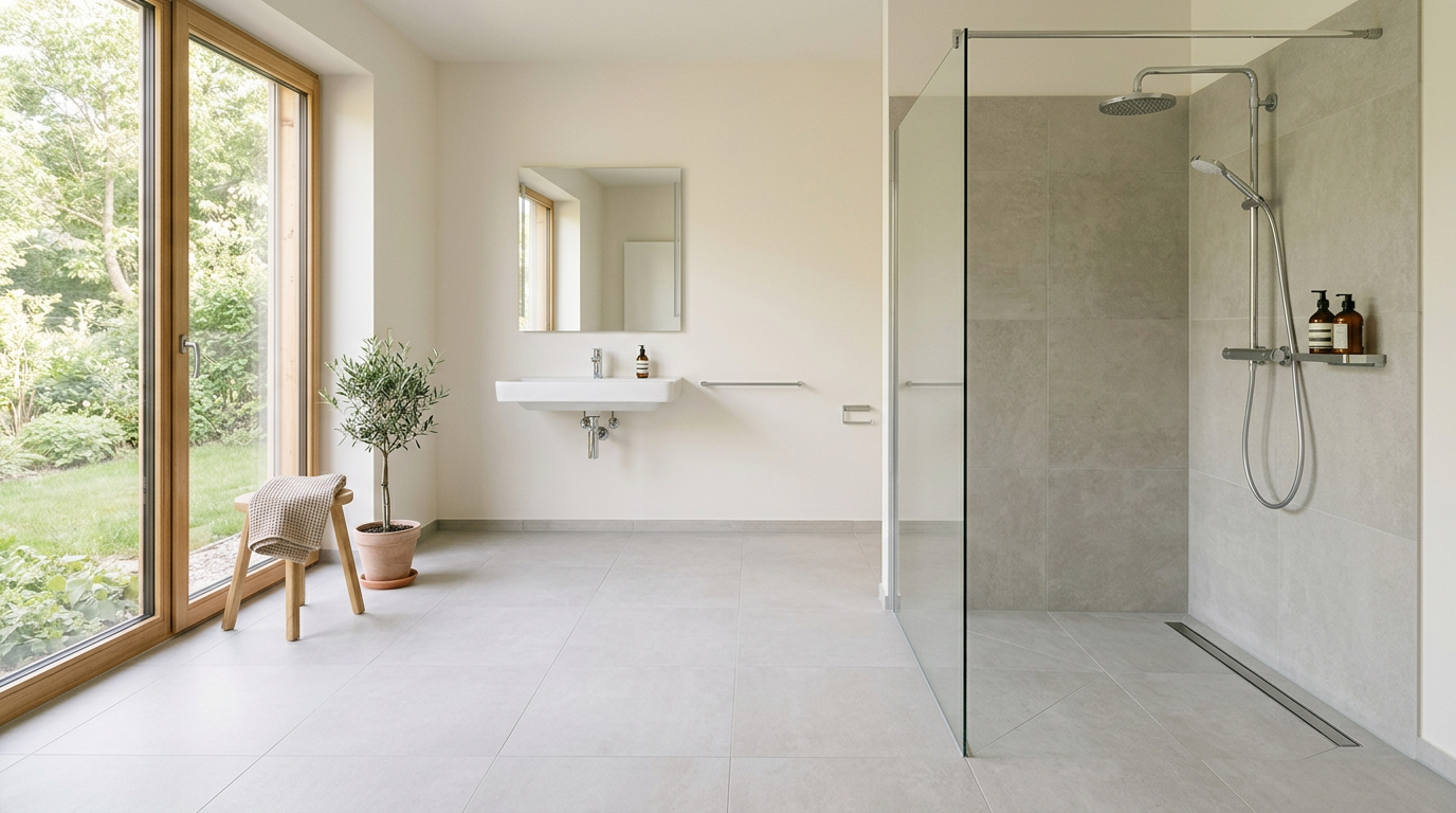 Barrierefreie bodengleiche Walk-In-Dusche mit großem Garten-Fenster und einladender Wellness-Atmosphäre – altersgerechter Badumbau für 45- bis 65-Jährige