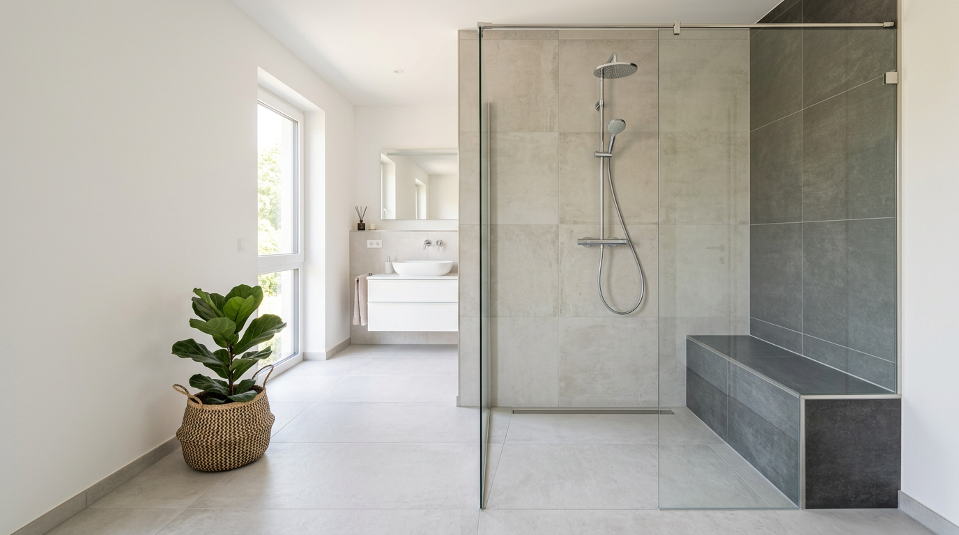 Selbstgebaute, gemauerte Duschbank mit großformatigen Fliesen in einer modernen Walk-In-Dusche, Beispiel für eine fachgerechte Eigenbau-Lösung