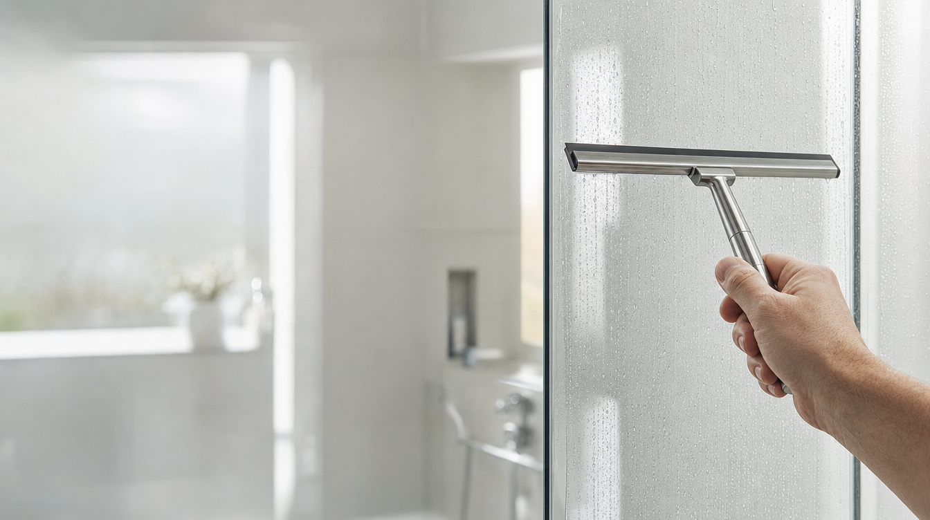 Hand zieht Wasser mit einem Glasabzieher von einer kristallklaren Duschglas-Scheibe ab