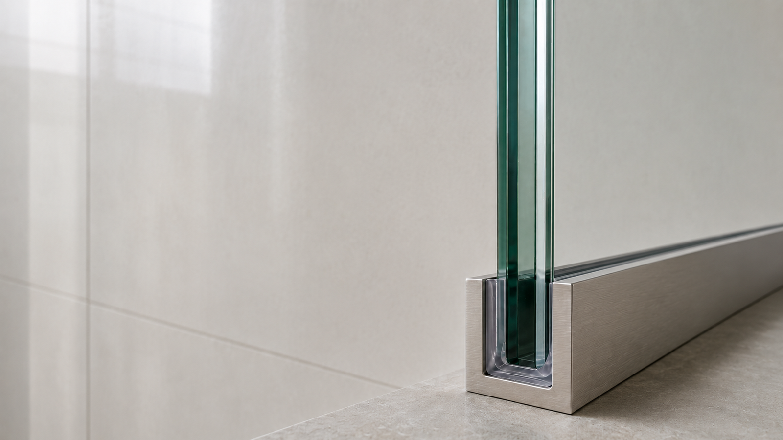 Detailaufnahme einer 8 mm ESG-Glasscheibe in einem gebürsteten Edelstahl-U-Profil mit transparenter Sanitärsilikon-Fuge — typische Einbausituation für Walk-In-Duschen