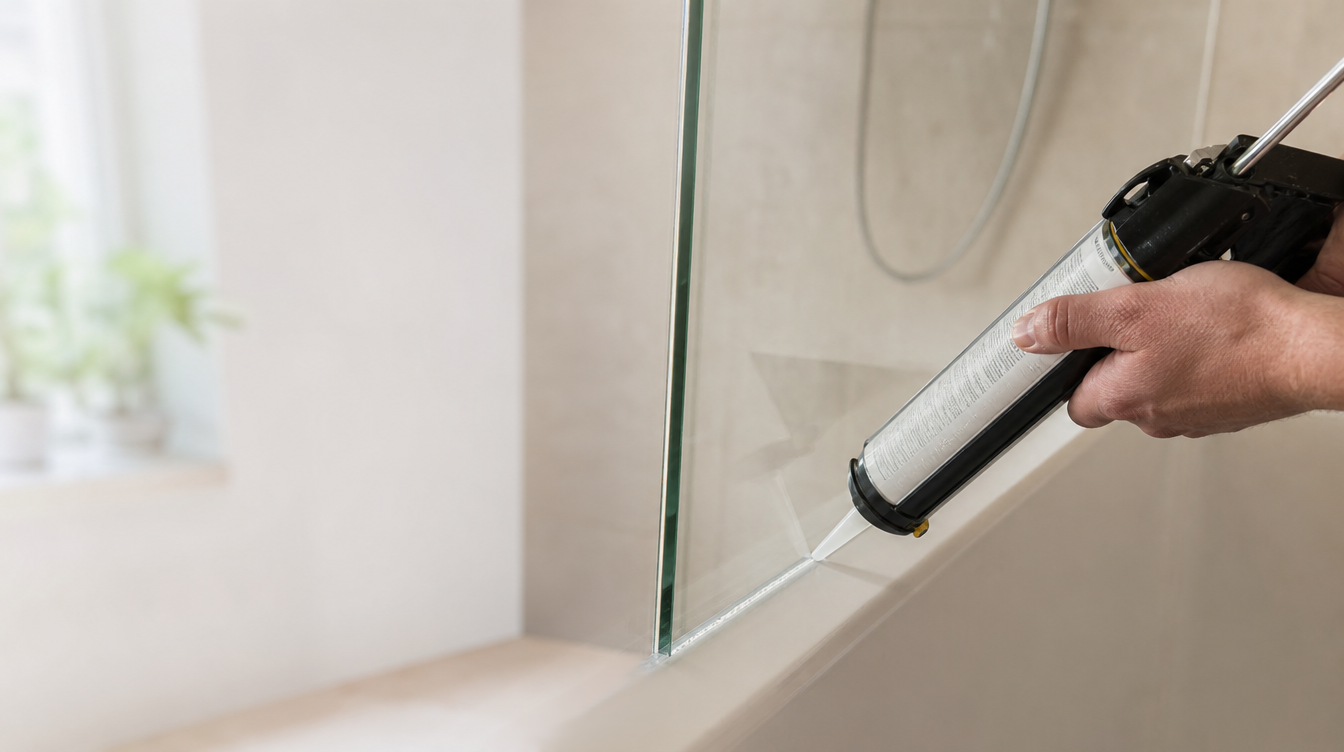 Hand zieht mit der Silikonpistole eine frische Silikonfuge entlang der Glasdusche an der Wannenkante