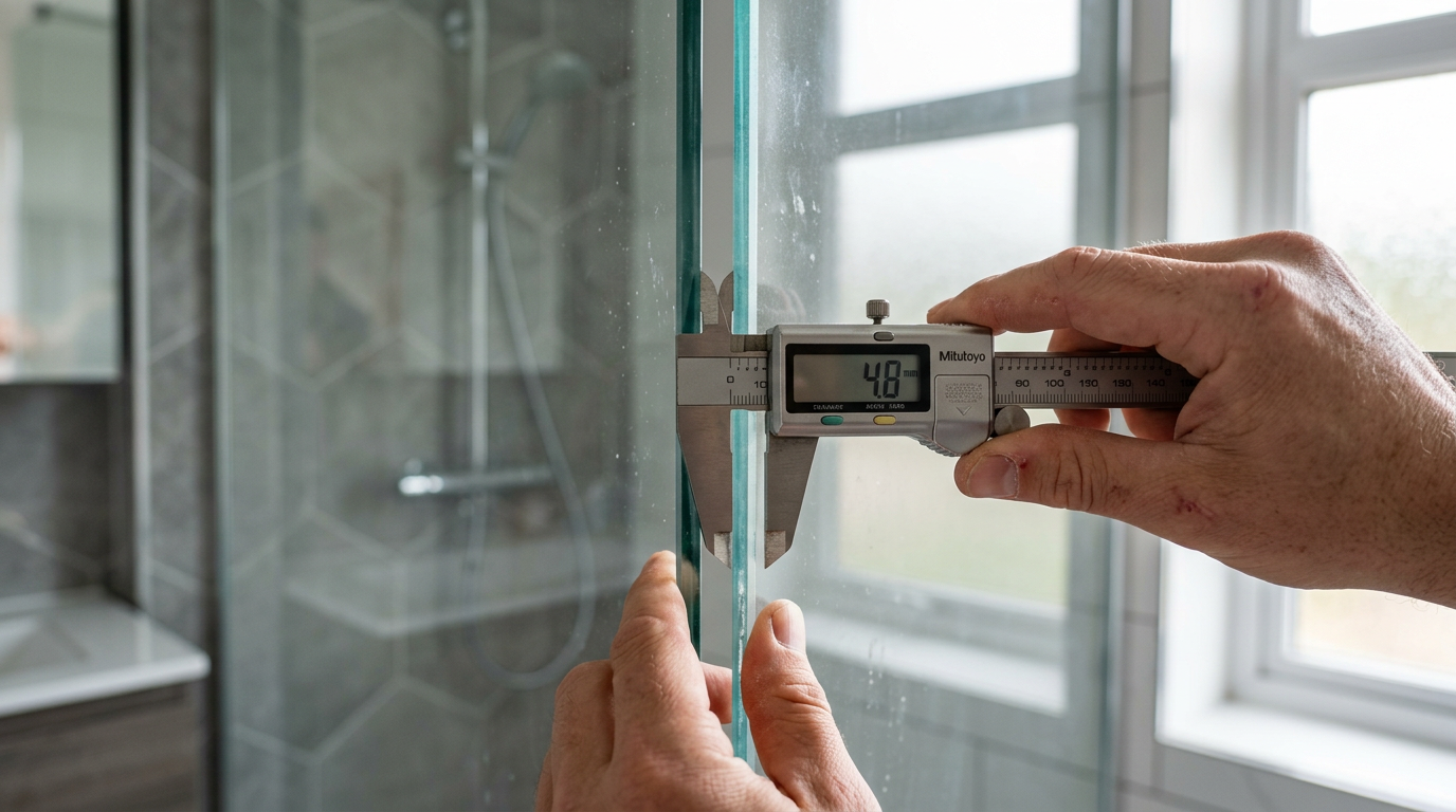 Digitaler Messschieber misst das Spaltmaß zwischen ESG-Glas und Aluminium-Profil einer Duschkabine