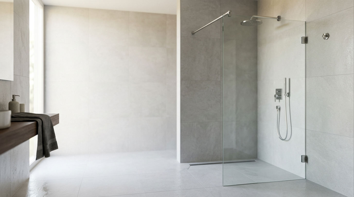 Walk-In-Dusche mit feststehender ESG-Glasscheibe und schlanker Stabistange aus Edelstahl an der Fliesenwand