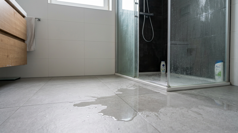 Wasserpfütze auf dem Badezimmerboden vor einer undichten Glasduschkabine