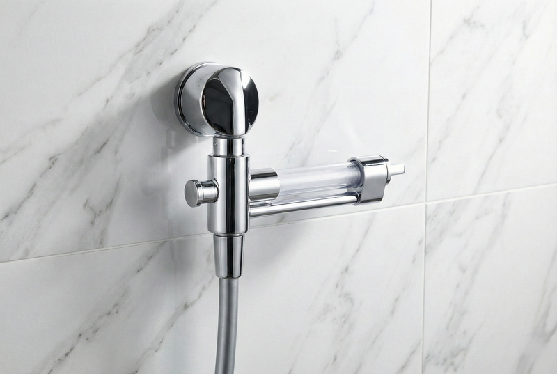 ShowerPlus Salzdusche – Adapter mit Brauseschlauch an weißer Marmorwand
