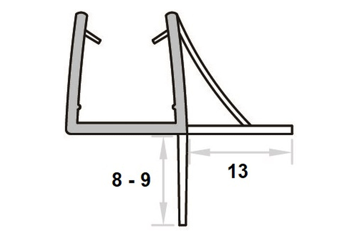 Maßzeichnung Querschnitt Duschdichtung, Dichtlippe 8-9 mm, Wasserabweislippe 13 mm, Art.Nr. 009C