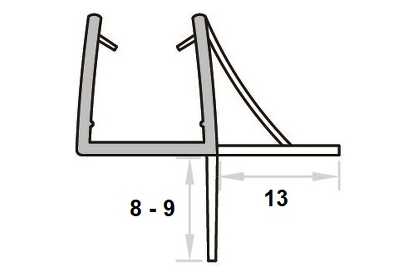 Maßzeichnung Querschnitt Duschdichtung, Dichtlippe 8-9 mm, Wasserabweislippe 13 mm, Art.Nr. 009C