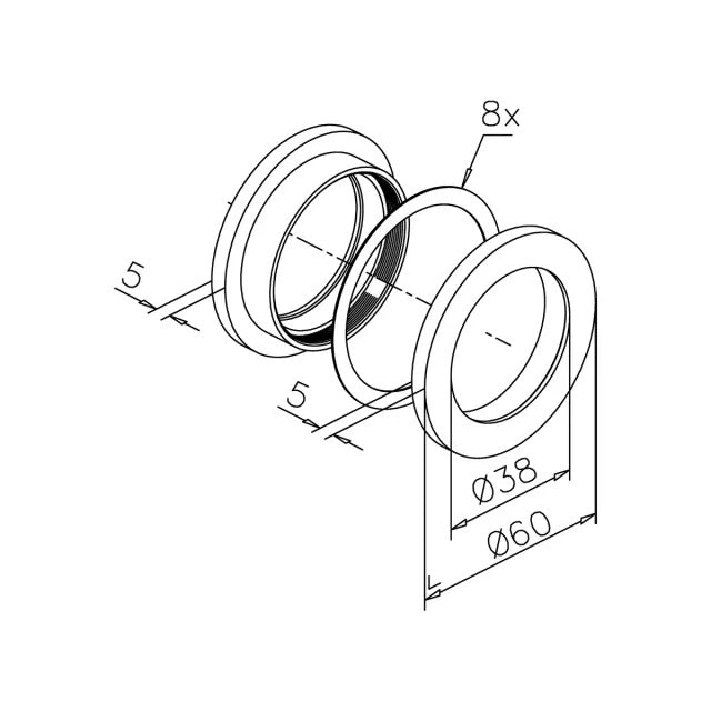 Griffmuschel aus Edelstahl für Glastüren, Ø 60 mm / 38 mm, mit Bohrung, verschraubt