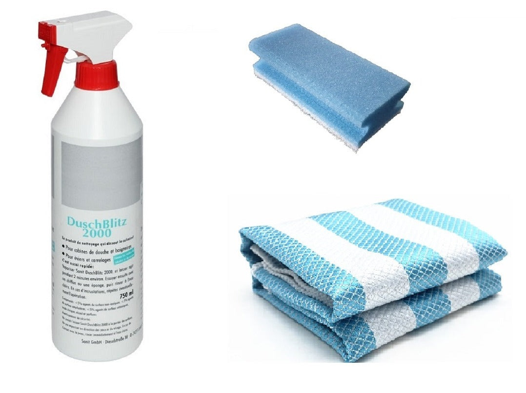 kleines Reinigungs-Set für leicht verschmutzte Duschgläser – Pflegereiniger, Schwamm &amp; Tuch – Art.Nr. 0307