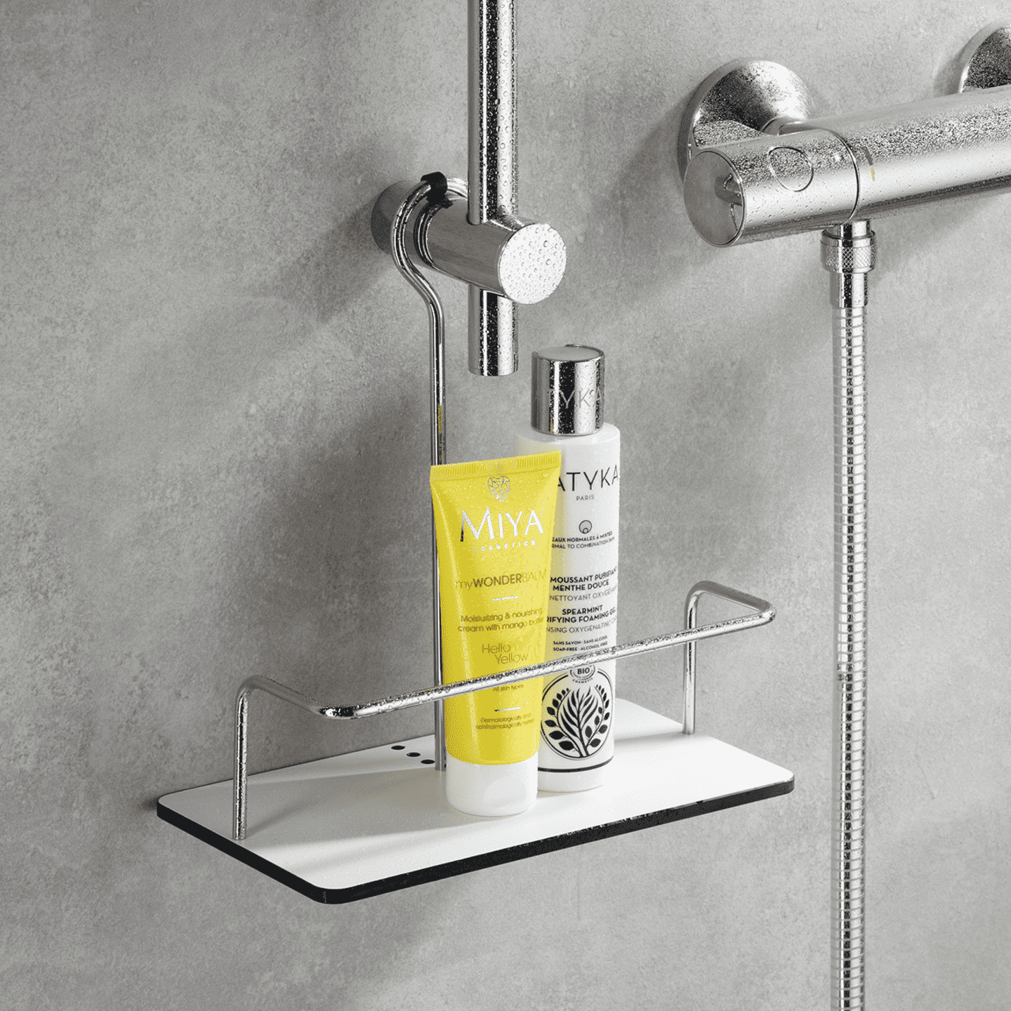 Bügelduschkorb, Duschablage mit innovativem Design, HPL, Brausestange, 10013