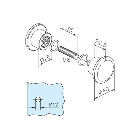 Dusch-Türknopf 101 – V2A Edelstahl Standard Ø 40 mm, 8–12 mm Glas