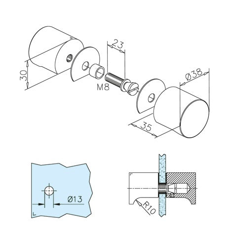 Dusch-Türknopf 106 – V2A Edelstahl massiv Ø 38 mm, 8–12 mm Glas