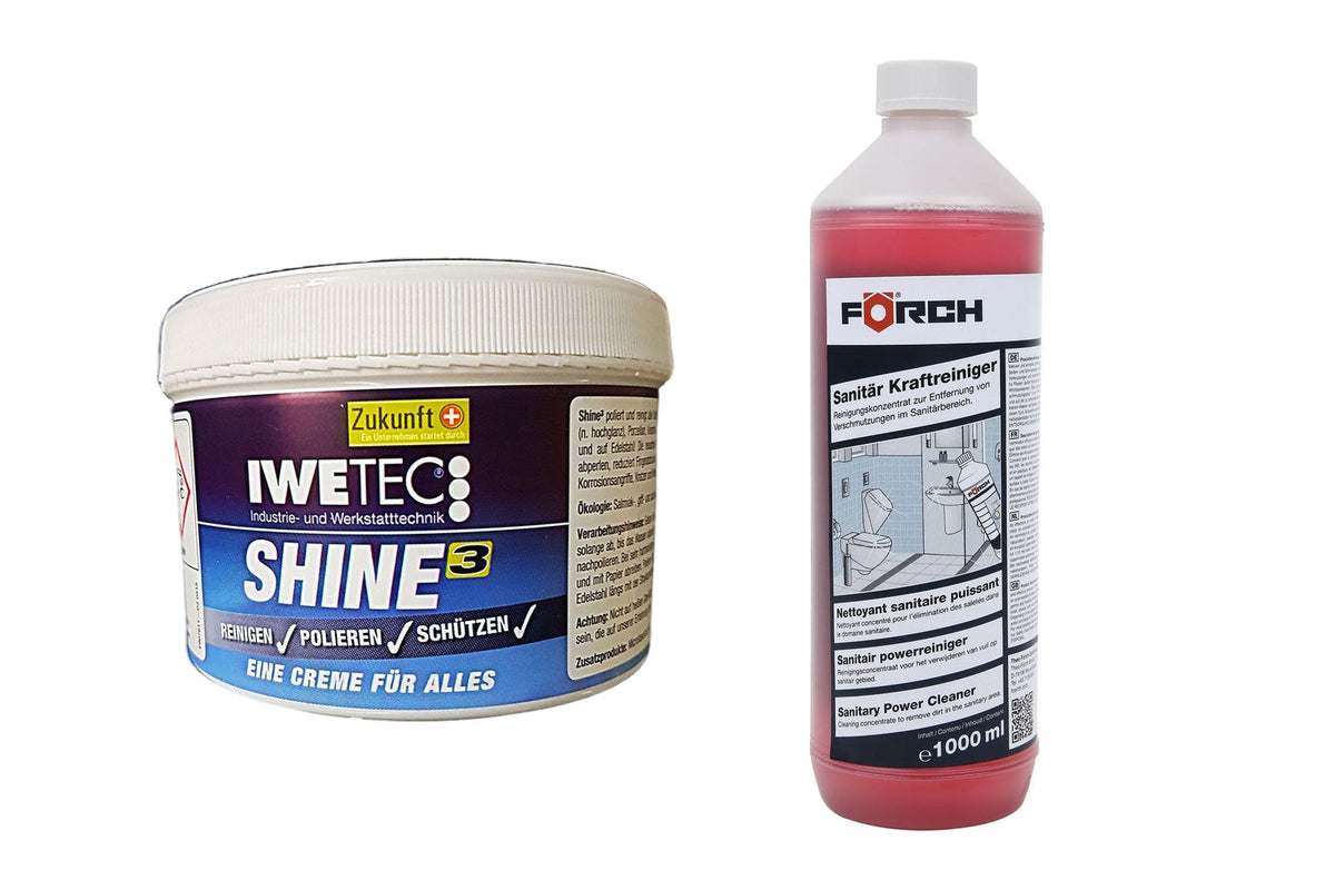 Die beiden Stufen-Reiniger aus dem Profi-Set: Shine³ Polierpaste 500 g und saures Sanitärreiniger-Konzentrat 1 Liter