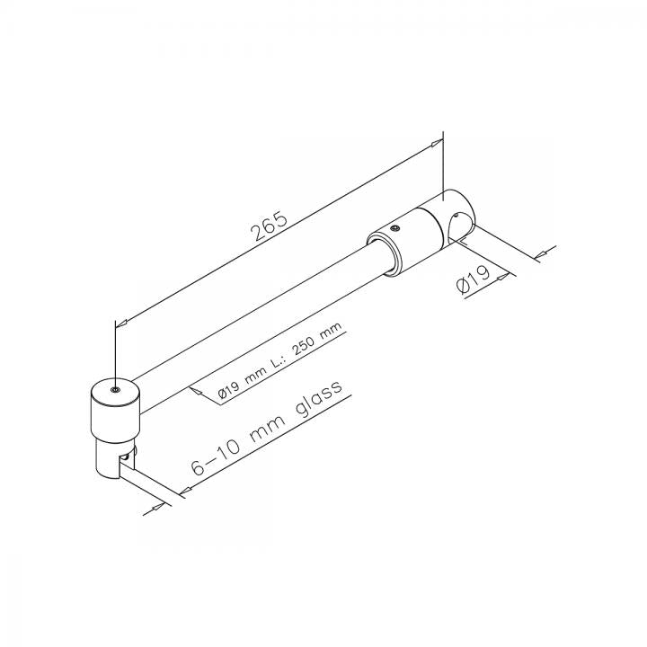 Edelstahl T-Form Stabistange Set 90° für Glasdusche, 19 mm Rohr, mit T Stück, kürzbar, für 6 bis 10 mm Glas. Art.Nr. 6018/6020+6016