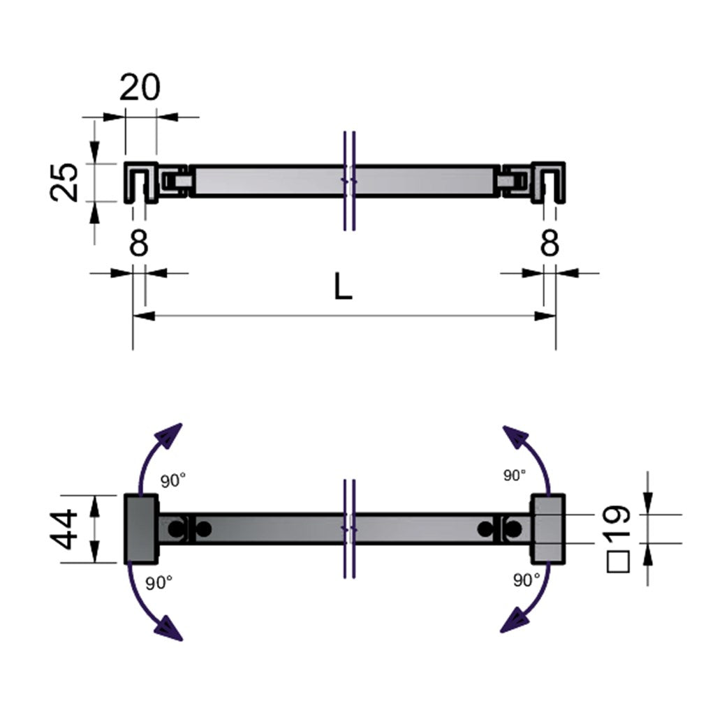 Stabistangen-Set Glas-Glas, Quadrat 19 x 19 mm, bis 90° einstellbar - Restposten