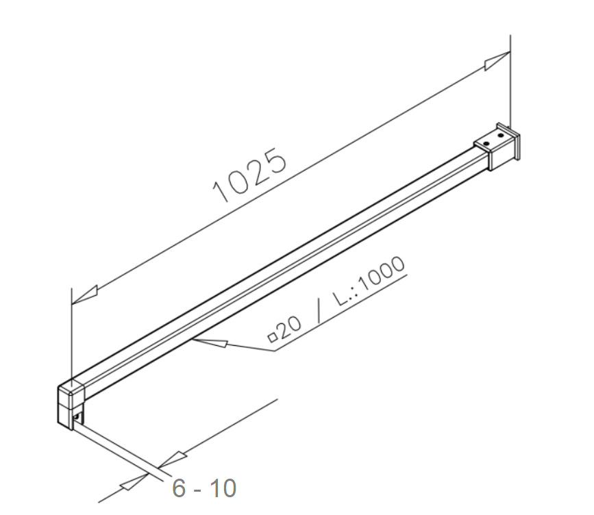 Stabistange-Set für Glasdusche, eckig, 20x20 mm, Edelstahl Art.Nr. 418020