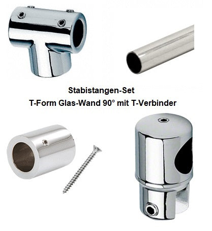 T-Form Glas Wand 90° Stabistangen Set für Glasdusche, 19 mm Rohr, Chrom glanz, inkl. T-Verbinder, Art Nr. T-Form19 SET