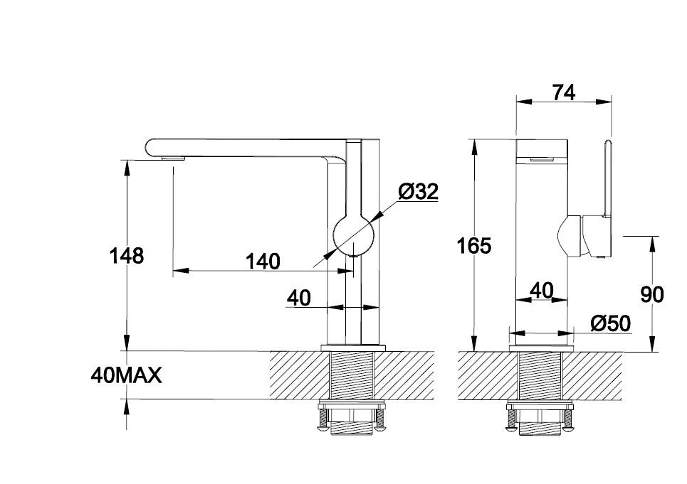 Technische Zeichnung Waschtisch-Einhebelmischbatterie, Auslaufhöhe 148 mm
