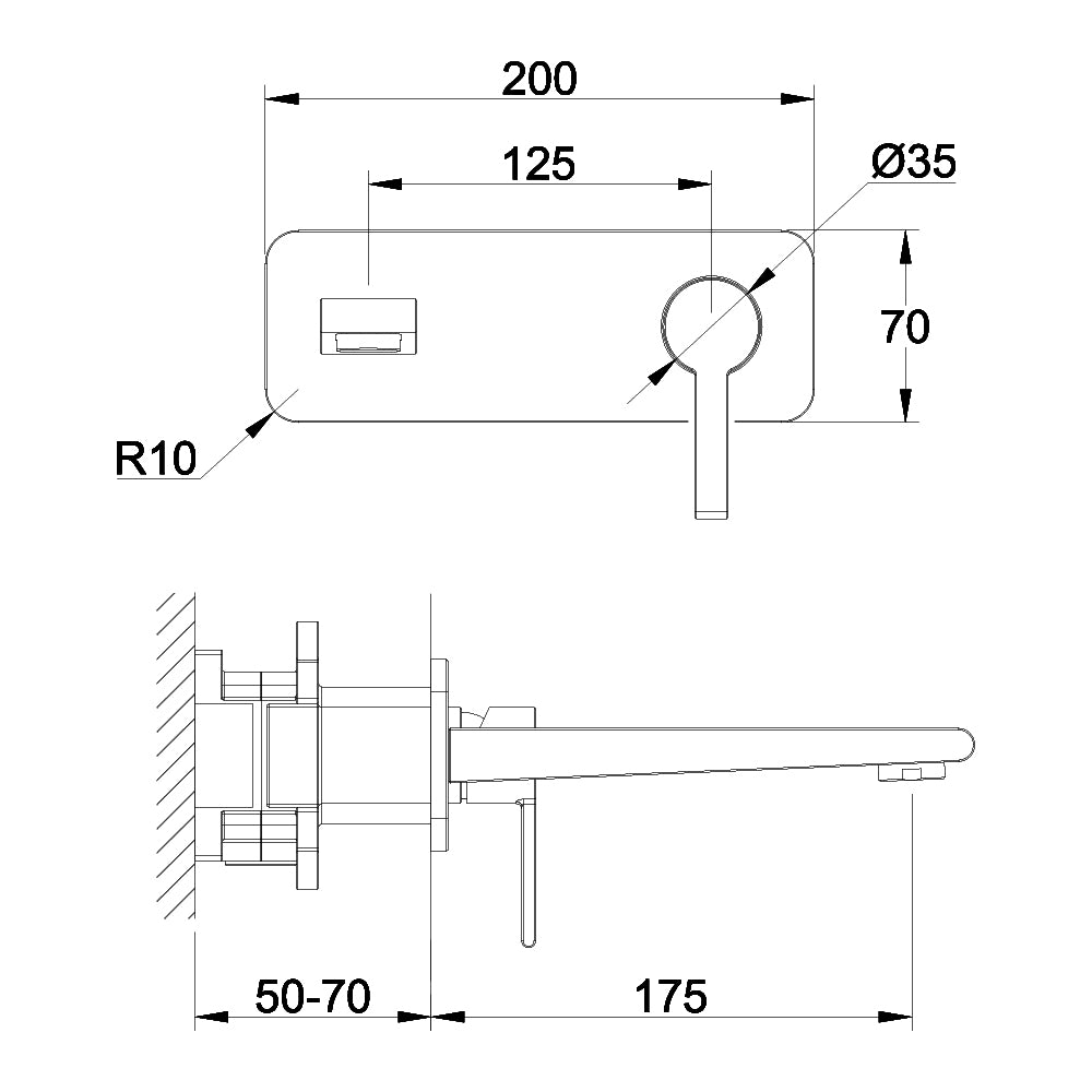 Technische Zeichnung Wand-Waschtischbatterie Unterputz, Ausladung 175 mm