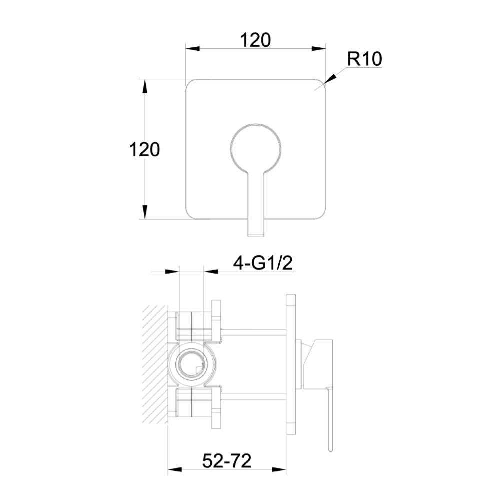 Technische Zeichnung Brause-Einhebelmischbatterie Unterputz, Rosette 120 × 120 mm