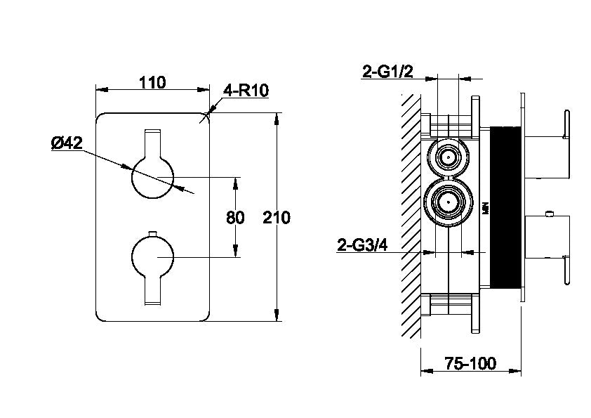 Technische Zeichnung Unterputz-Thermostat-Mischbatterie mit 2-Wege-Umstellung