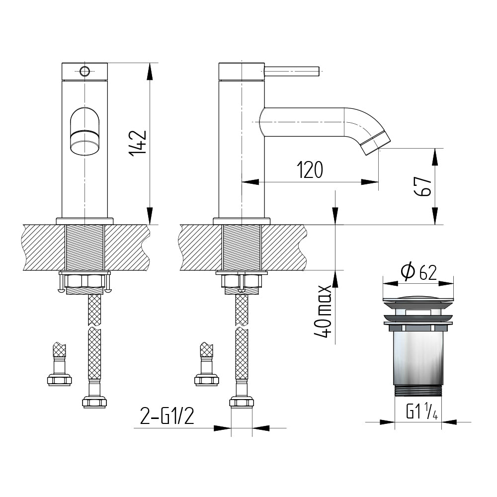 Technische Zeichnung Waschtisch-Einhebelmischbatterie 67 mm mit Design-Schaftventil