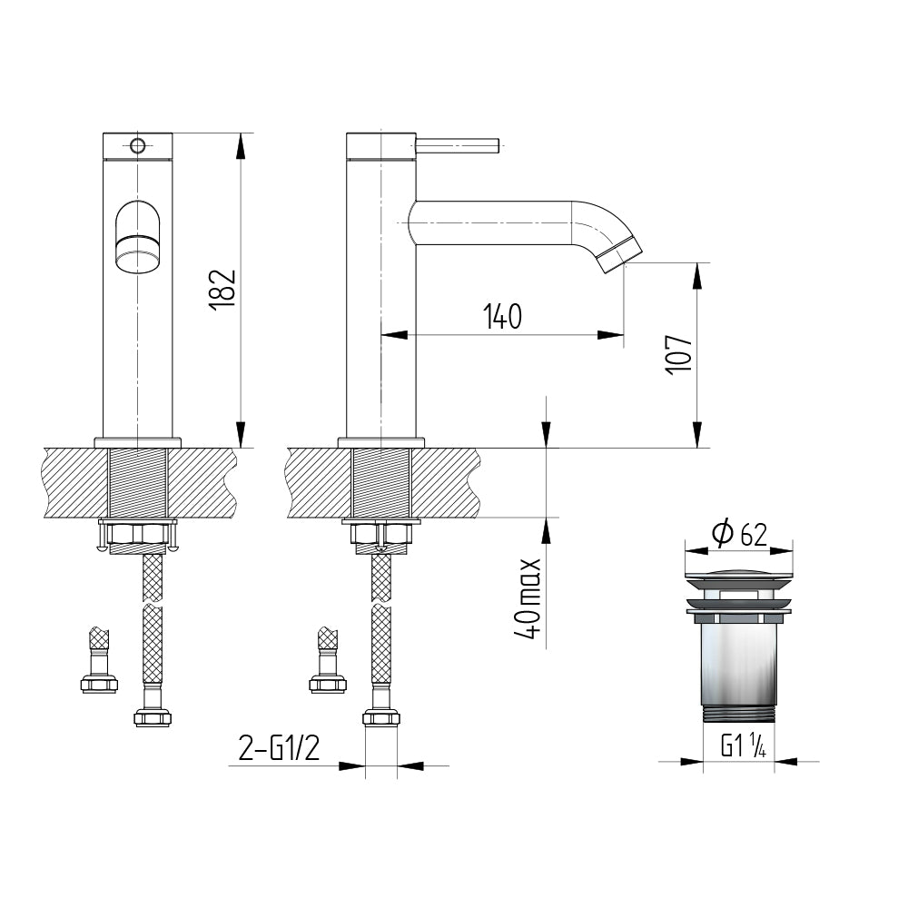 Technische Zeichnung Waschtisch-Einhebelmischbatterie, Auslaufhöhe 107 mm