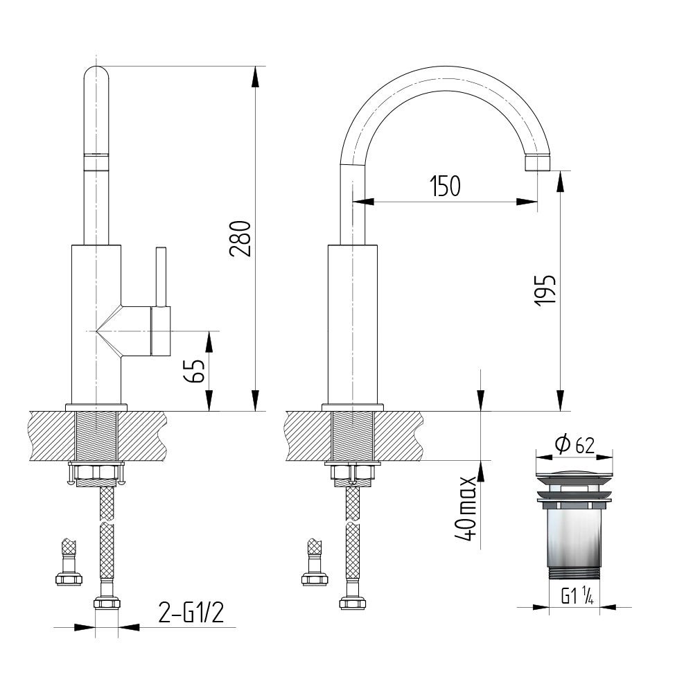 Technische Zeichnung Waschtisch-Einhebelmischbatterie mit schwenkbarem Rundauslauf
