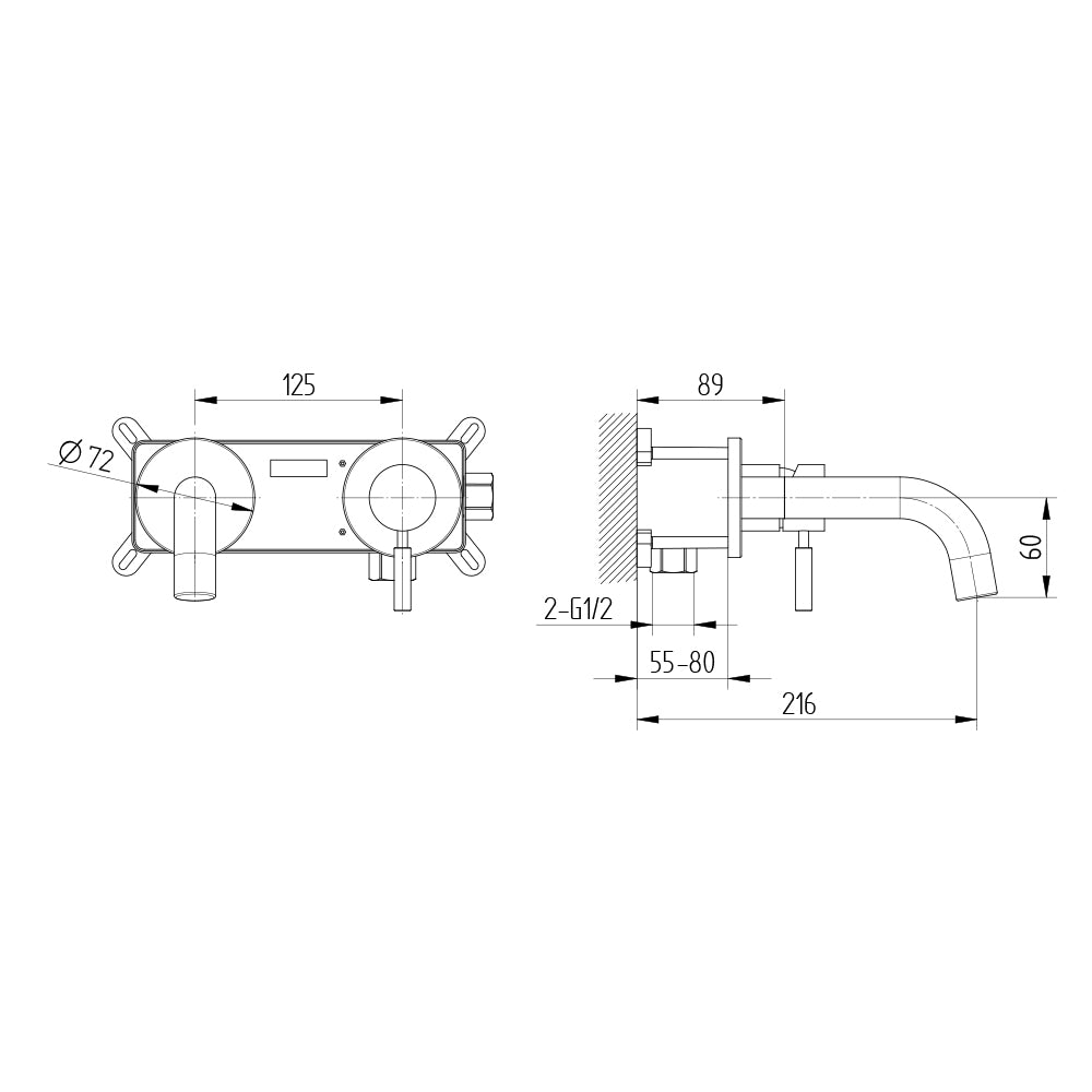 Technische Zeichnung Wand-Waschtischbatterie Unterputz, Ausladung 150 mm