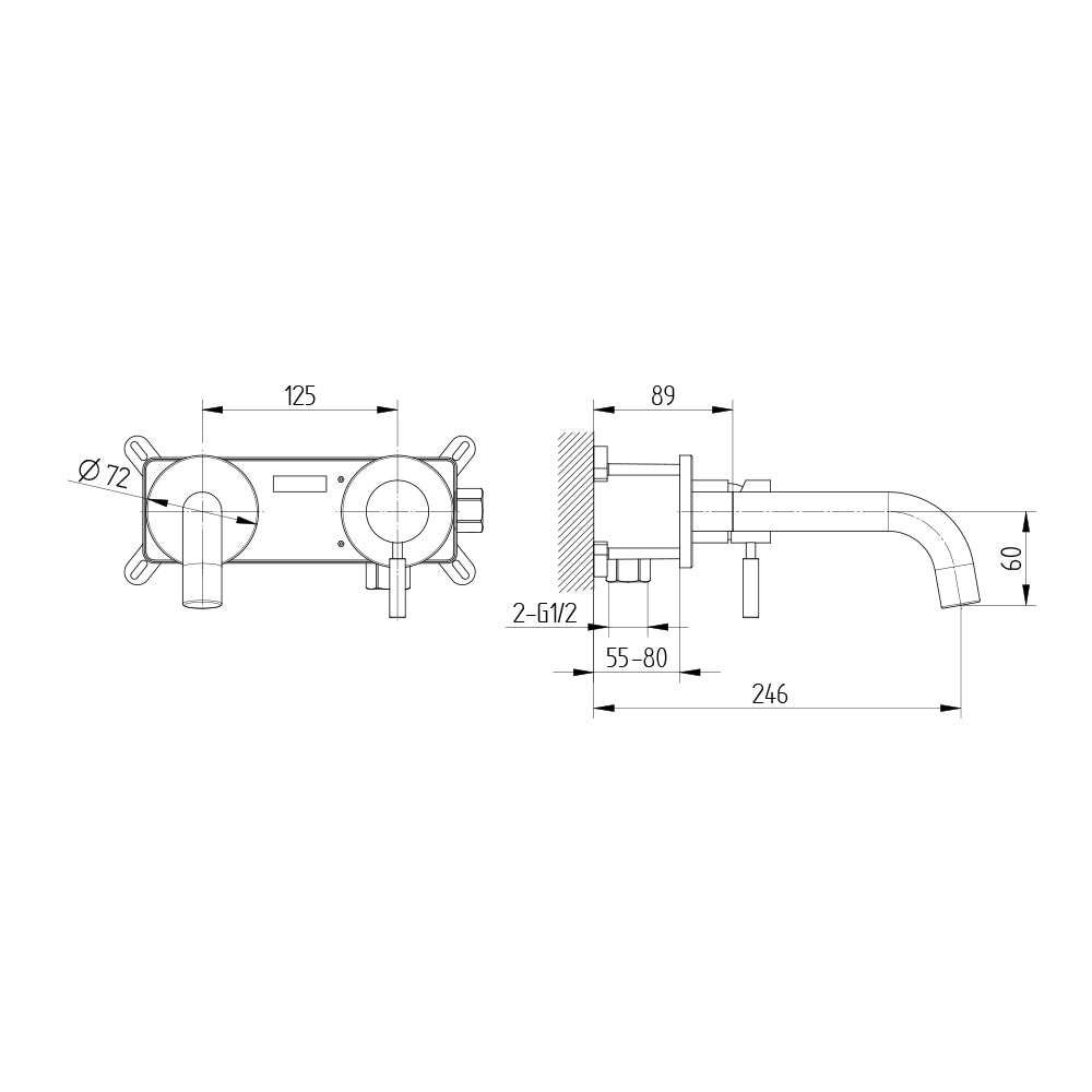 Technische Zeichnung Wand-Waschtischbatterie Unterputz, Ausladung 180 mm
