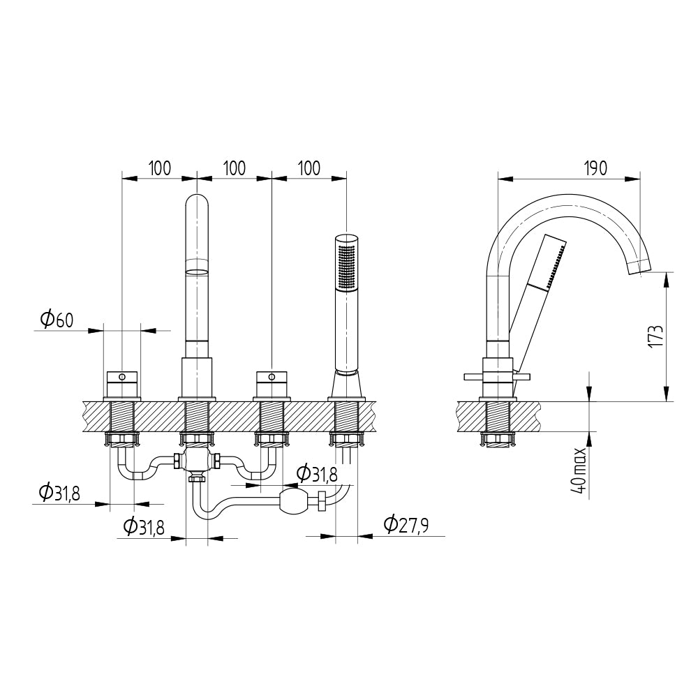Technische Zeichnung Wannenrand-Batterie 4-Loch mit Auslauf, Lochabstand 100 mm