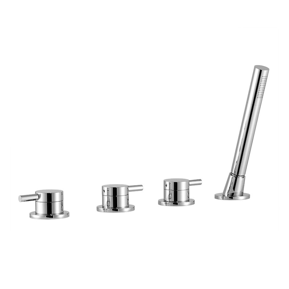 Wannenrand-Batterie 4-Loch verchromt mit zwei Ventilen, separater Umstellung und Handbrause
