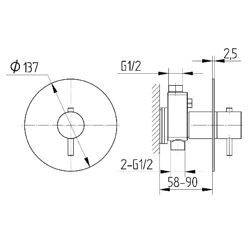 Technische Zeichnung Unterputz-Thermostat-Mischbatterie, Rosette Ø 137 mm