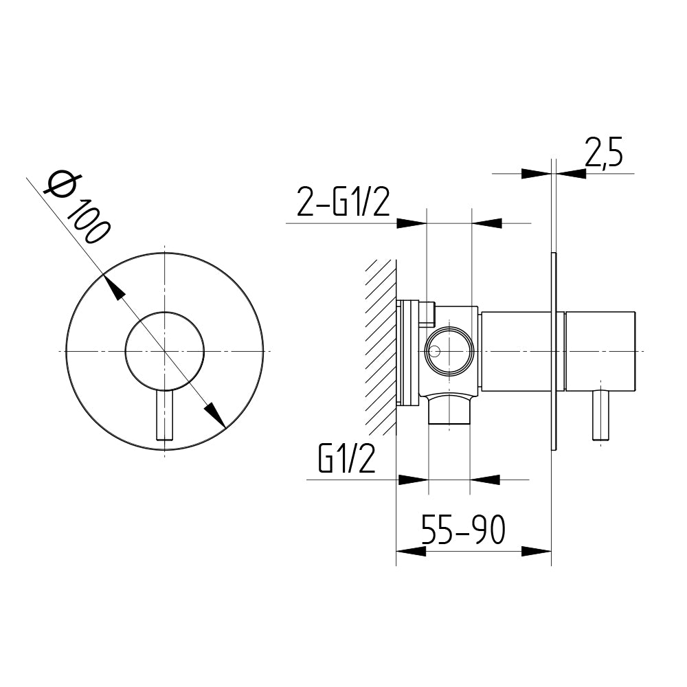 Technische Zeichnung Unterputz-2-Wege-Umstellung, Rosette Ø 100 mm