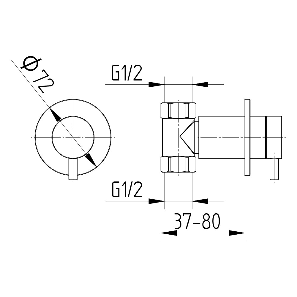 Technische Zeichnung Wandeinbauventil Unterputz, Rosette Ø 72 mm