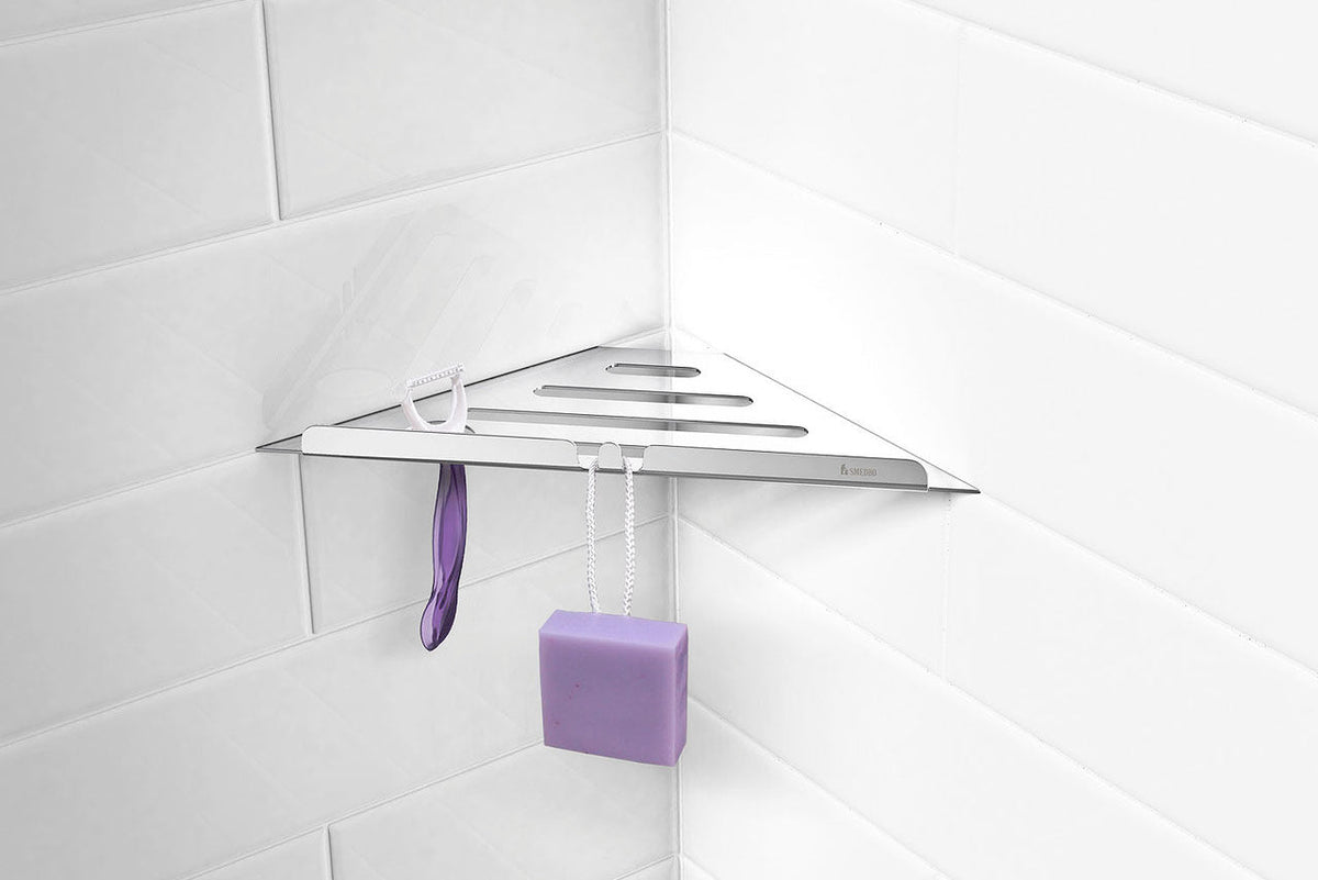 Smedbo Ablage für Duschecke aus Edelstahl, dreieckige Form für Einbau in Fliesenfugen, Chrom glanz oder Schwarz matt, Art.Nr. 3060