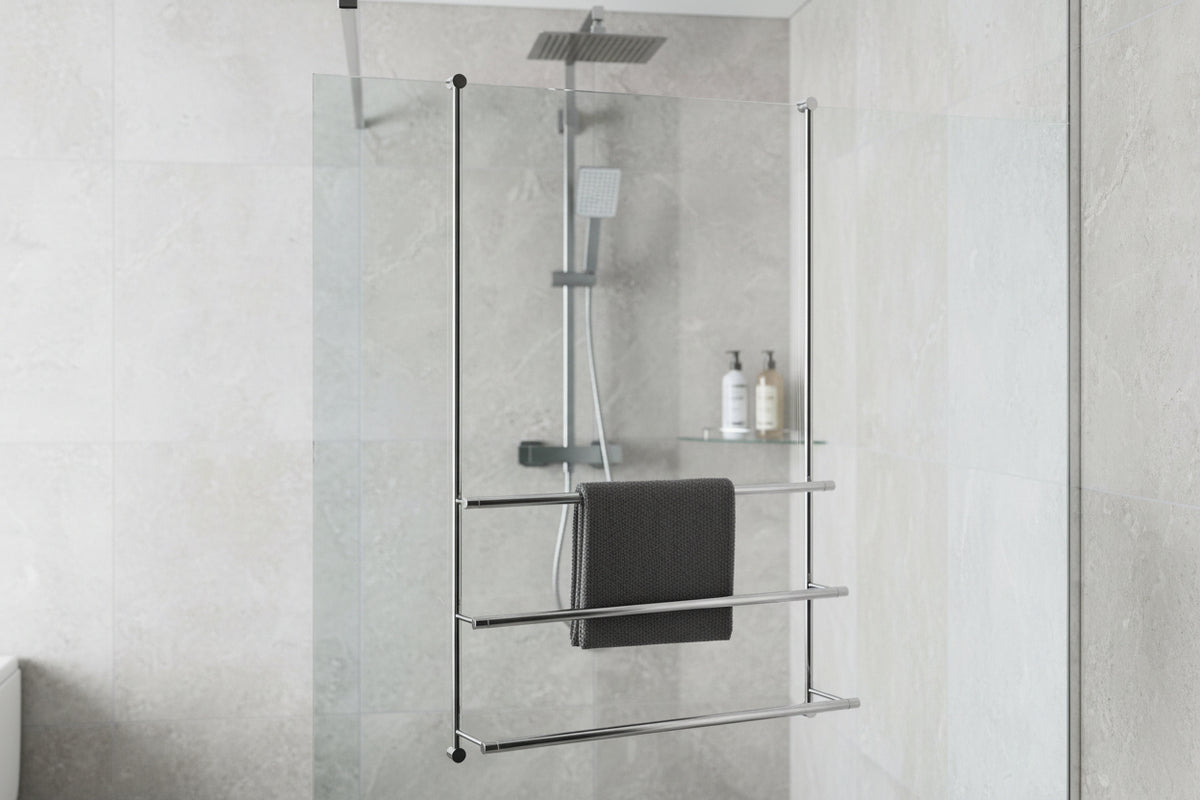 Badetuchhalter Server, Messing verchromt, 3 Ebenen, Glaswandmontage, 30854