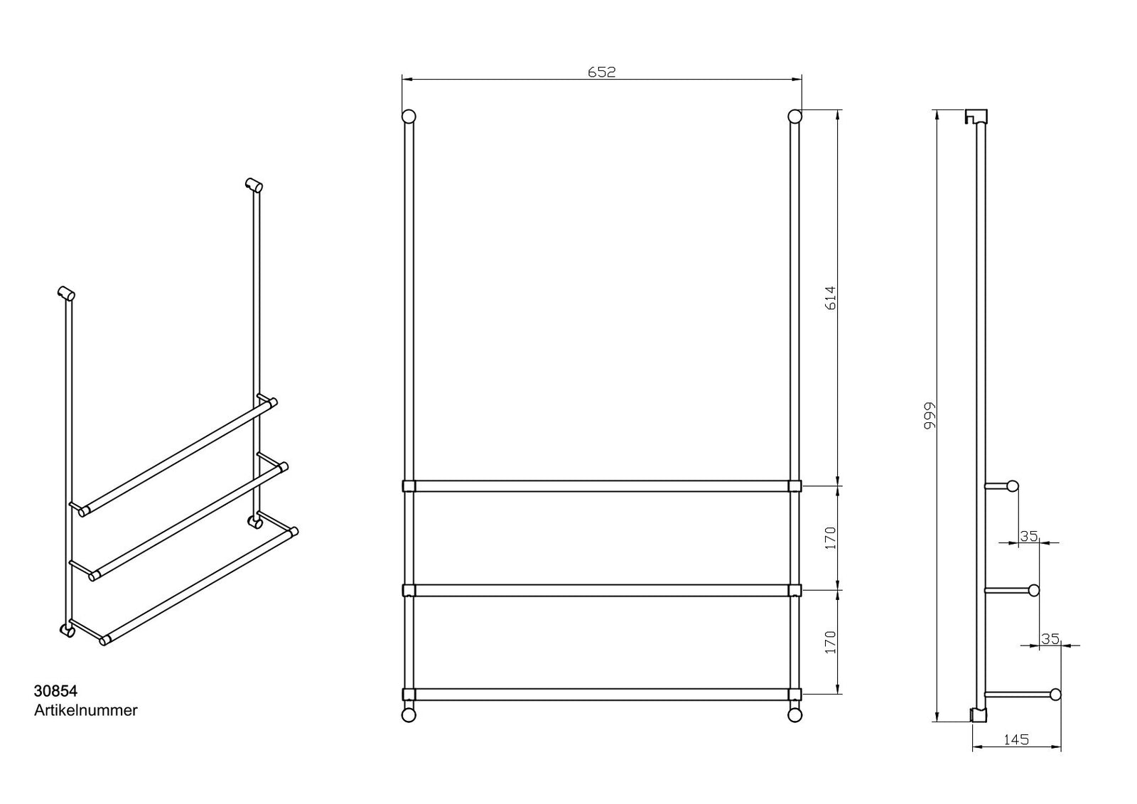Badetuchhalter Server, Messing verchromt, 3 Ebenen, Glaswandmontage, 30854