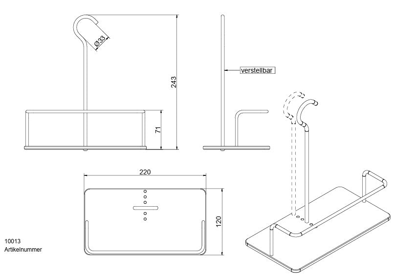 Bügelduschkorb, Duschablage mit innovativem Design, HPL, Brausestange, 10013