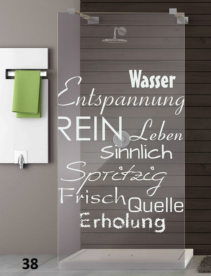 Typografisches Wasser-Wort-Motiv als Lasergravur auf Duschglas