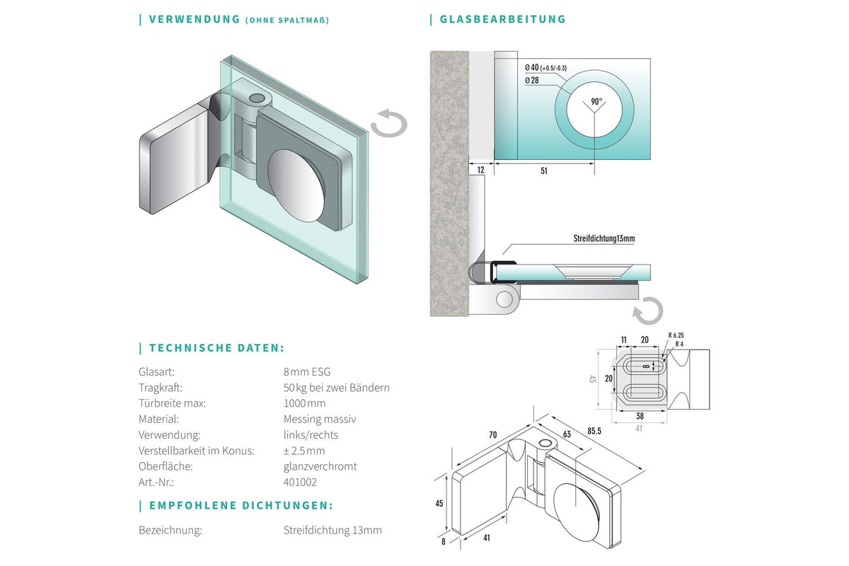 Masszeichnung mit Bohrbild und technischen Daten, Art.Nr. 401002