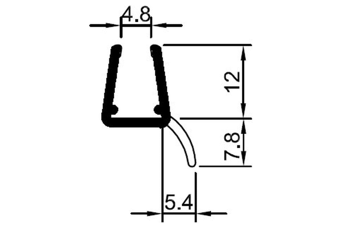 Schwarze Lippendichtung 135° Scharnierseite Fünfeckdusche, bemaßte Querschnittzeichnung, Art.Nr. 5071
