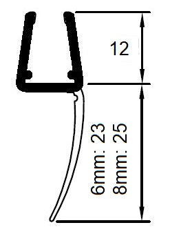 Lippendichtung 180° fluchtend mit langer Dichtfahne – Für 6 oder 8 mm Glas, Lücken 23-26 mm – Art.Nr. 5091