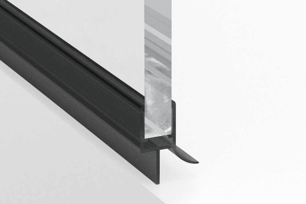 Schwarze Schleiflippendichtung 5102-B auf 8-mm-Glas, Schleiflippe und Abtropfleiste im Schnitt