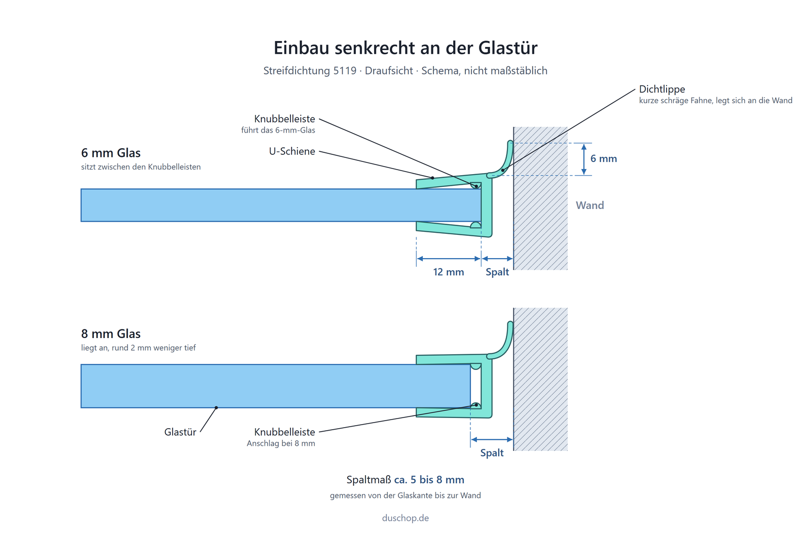 Einbauskizze 5119, Streifdichtung mit schräger Fahne senkrecht an der Glastür, Glas an Wand, Spaltmaß ca. 5 bis 8 mm bei 6 und 8 mm Glas