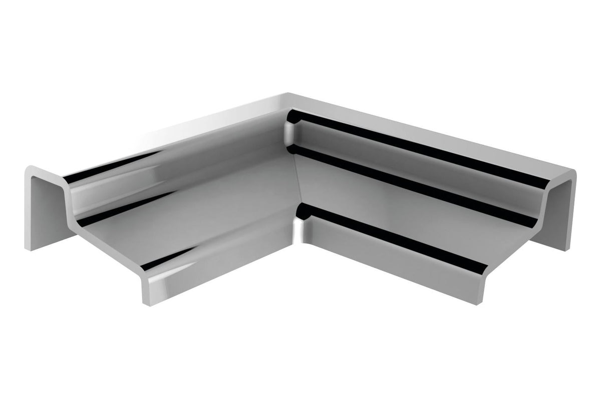 Eckverbinder 90 Grad für Schwallschutzprofil 8x15 mm, Winkel 38 x 38 mm, glanzverchromt