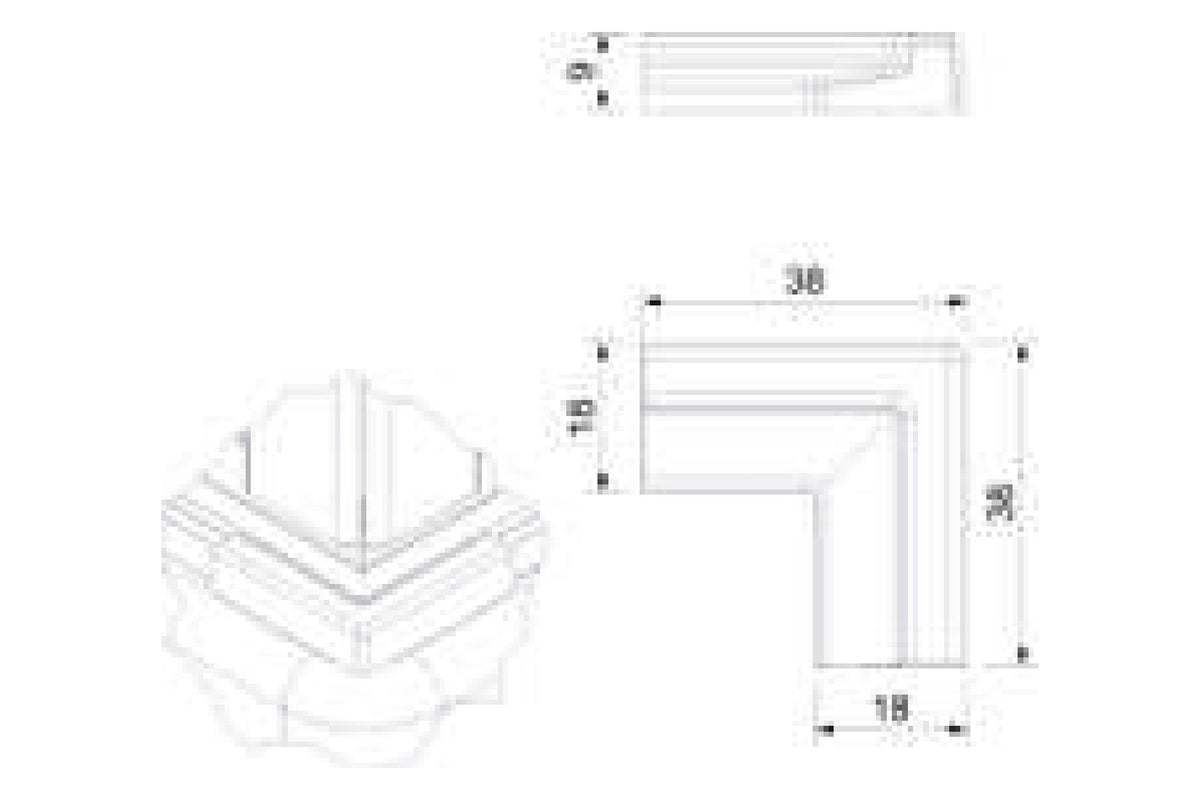 Maßzeichnung Eckverbinder 90 Grad, Grundriss 38 x 38 mm, Schenkelbreite 18 mm