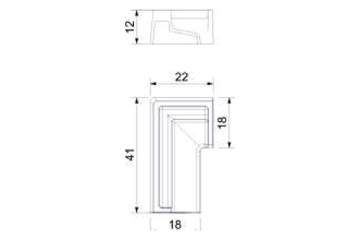 Maßzeichnung Endkappe kurz links, Grundriss 41 x 22 mm, Schenkelbreite 18 mm, Höhe 12 mm