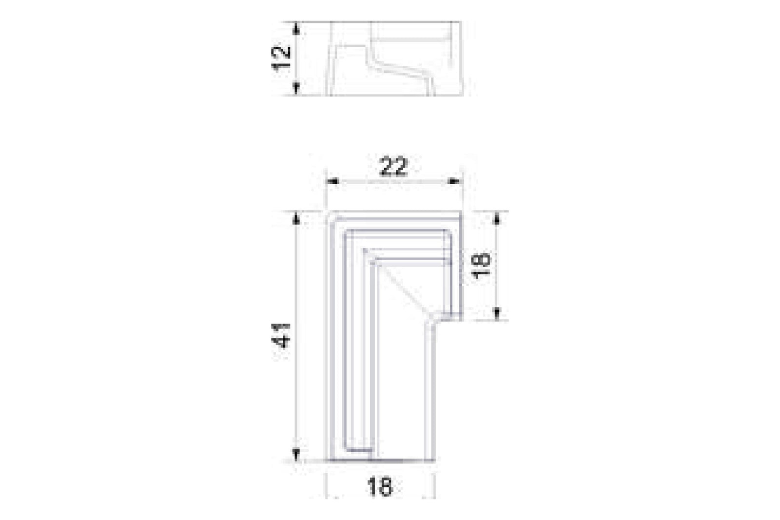 Maßzeichnung Endkappe kurz links, Grundriss 41 x 22 mm, Schenkelbreite 18 mm, Höhe 12 mm