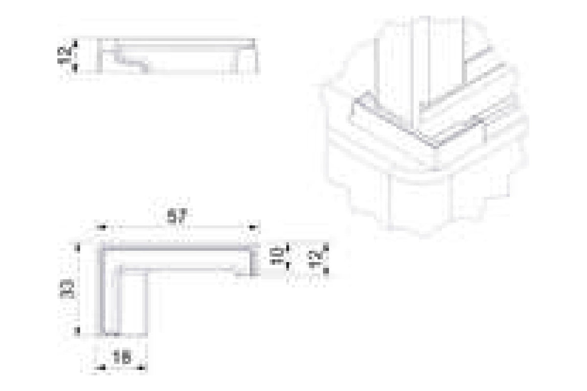 Maßzeichnung Endkappe lang links, Grundriss 57 x 33 mm, Schenkelbreite 18 mm, Höhe 12 mm